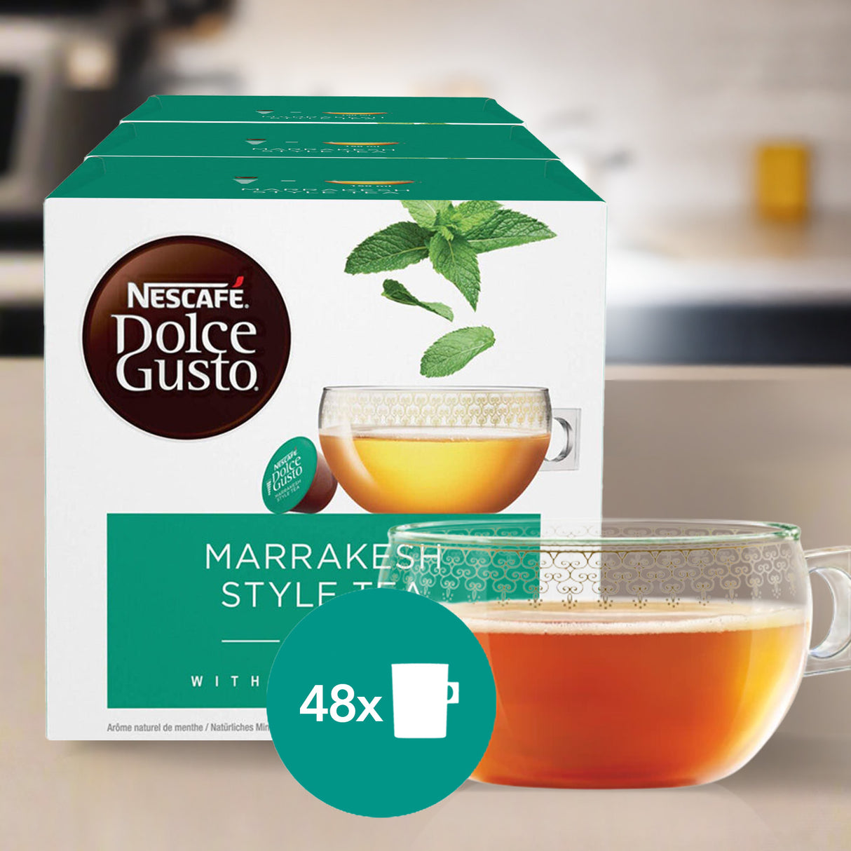Nescafe Dolce Gusto Marrakesh Style Tea packaging with a cup of tea in the foreground.