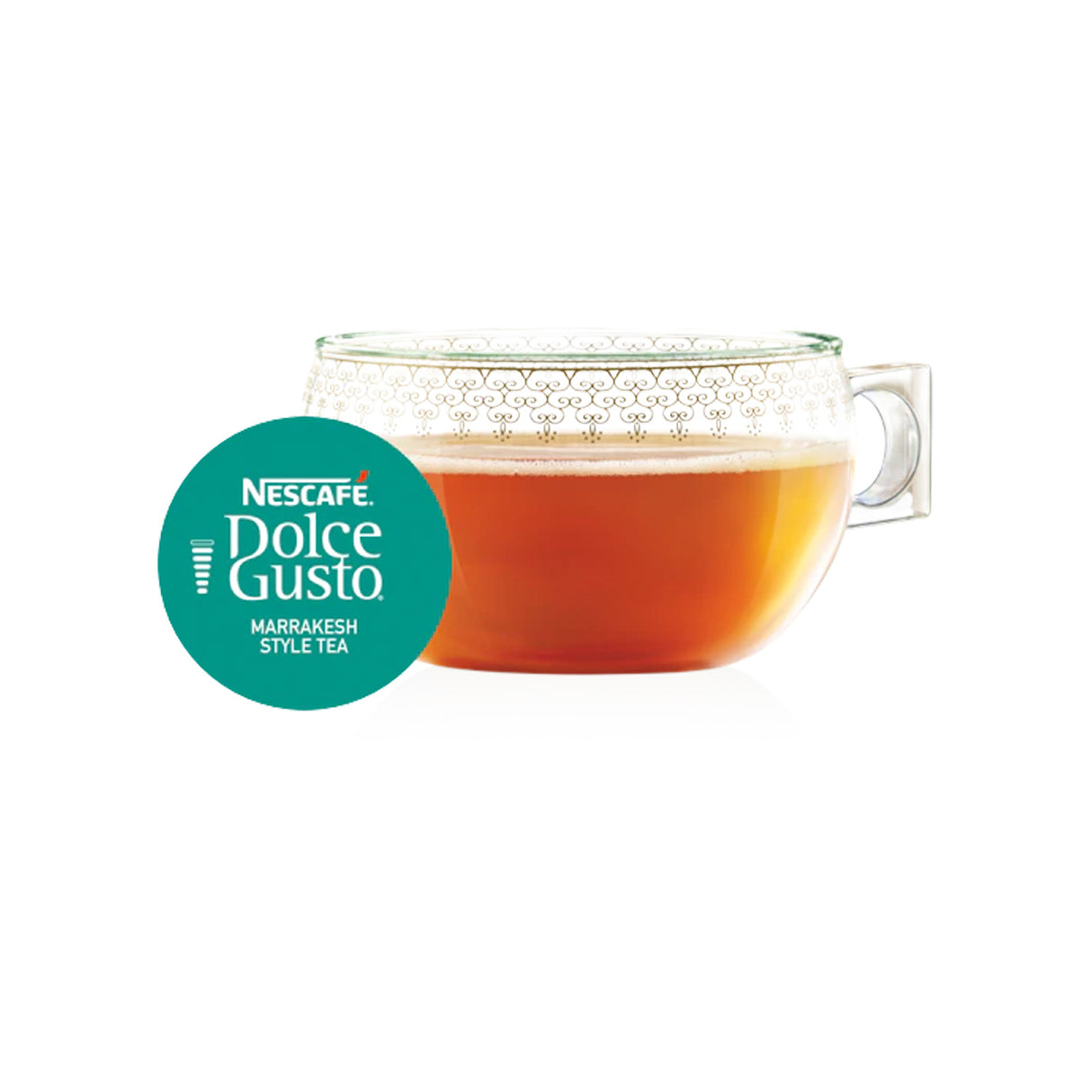 Nescafe Dolce Gusto Marrakesh Style Tea in a clear glass cup on a white background