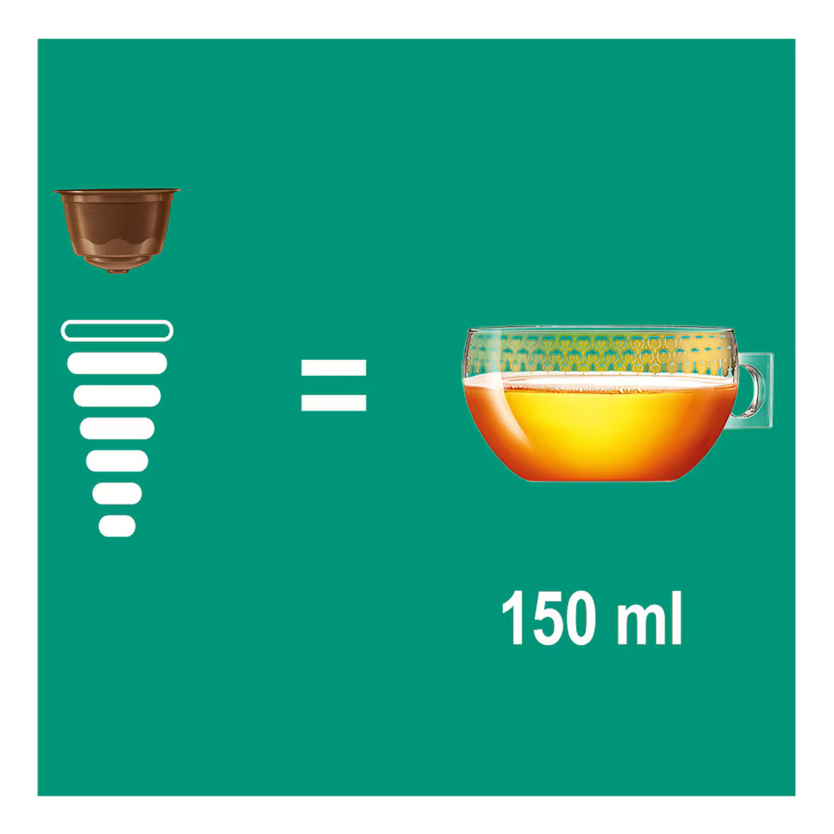 Diagram showing a coffee pod equivalent to 150 ml of coffee on a green background