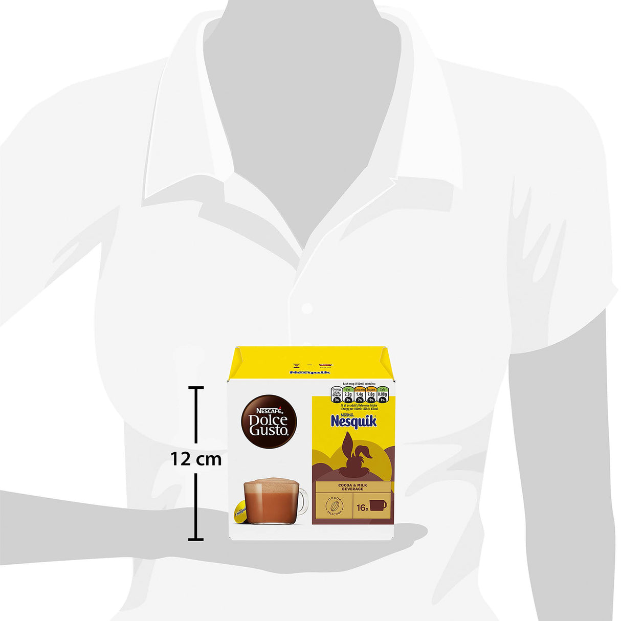 Nesquik Dolce Gusto coffee pod packaging on a white shirt with dimensions indicated.