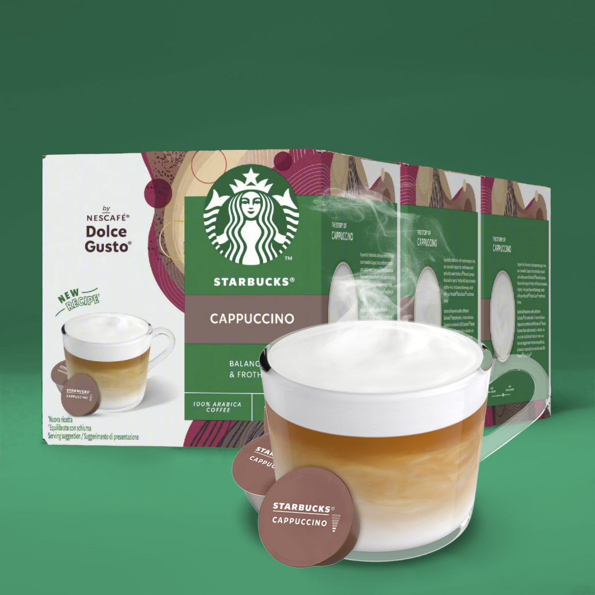 Starbucks Cappuccino coffee pod with packaging on a green background