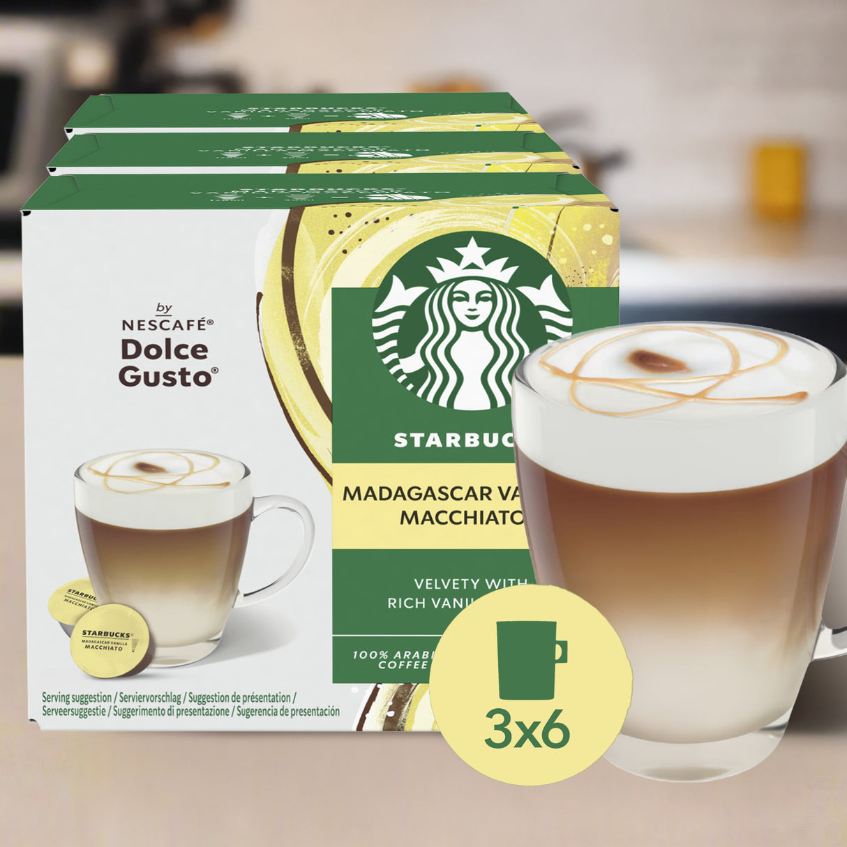 Starbucks Dolce Gusto coffee capsules packaging with a cup of coffee in the foreground.