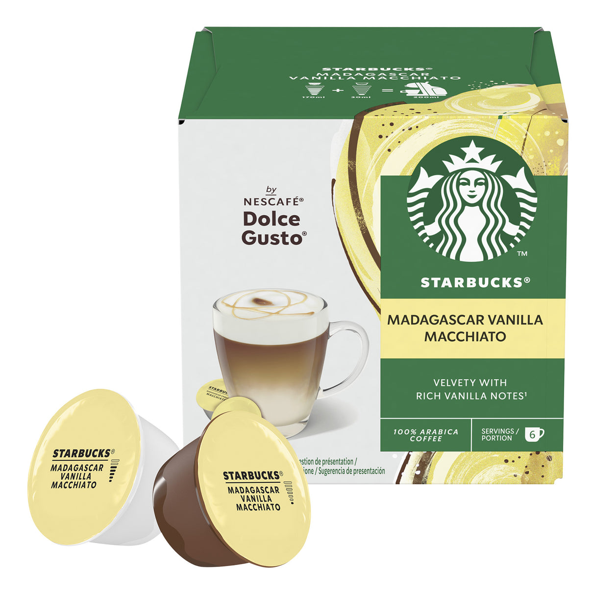 Starbucks Madagascar Vanilla Macchiato coffee pods and packaging on a white background