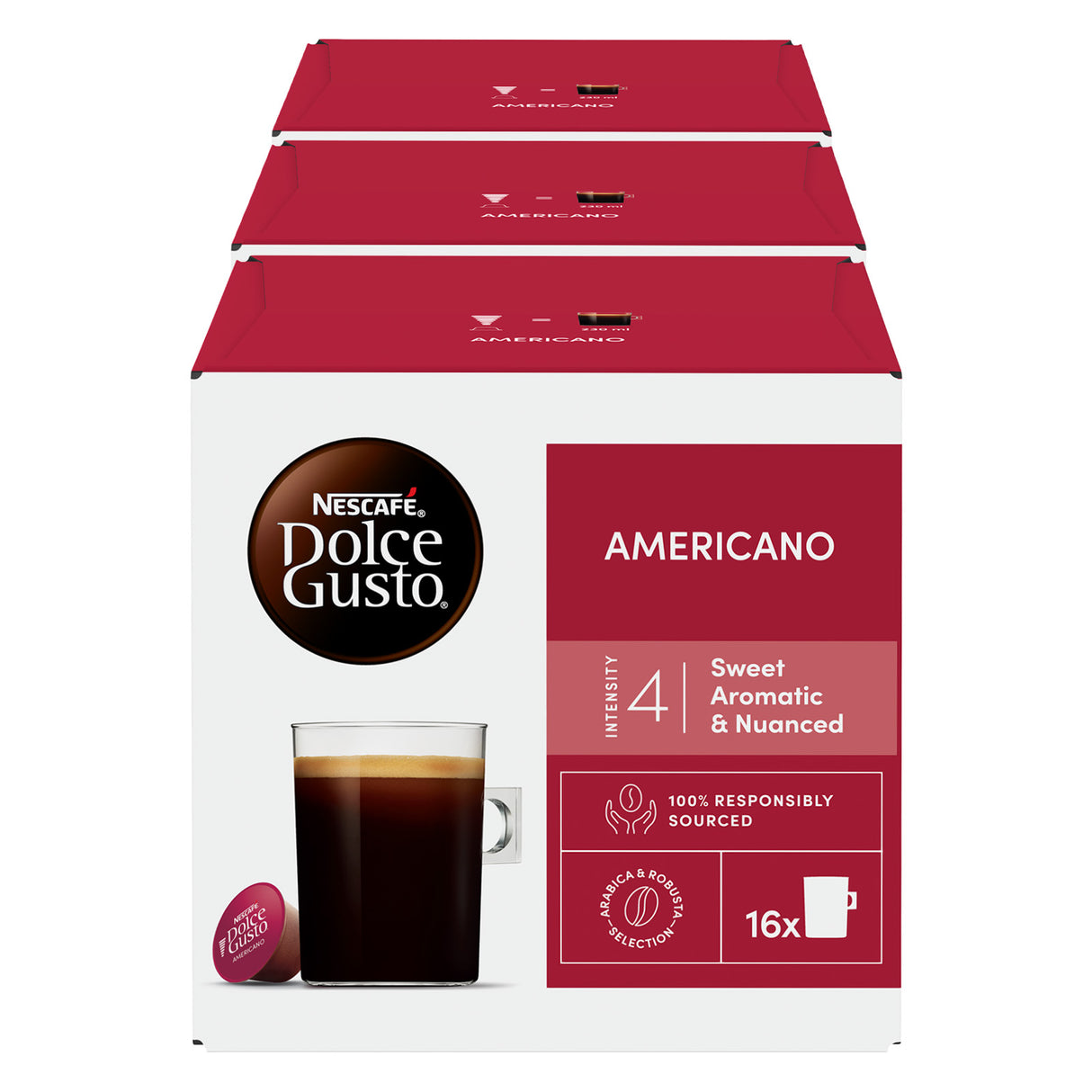 Nescafe Dolce Gusto Americano coffee pod boxes on a white background
