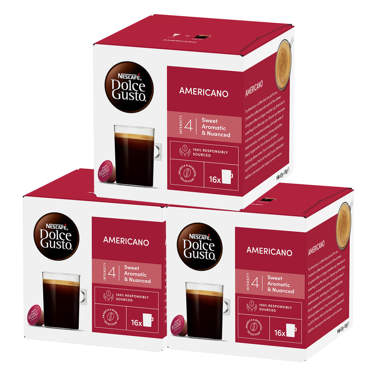 Three boxes of Dolce Gusto Americano coffee capsules on a white background