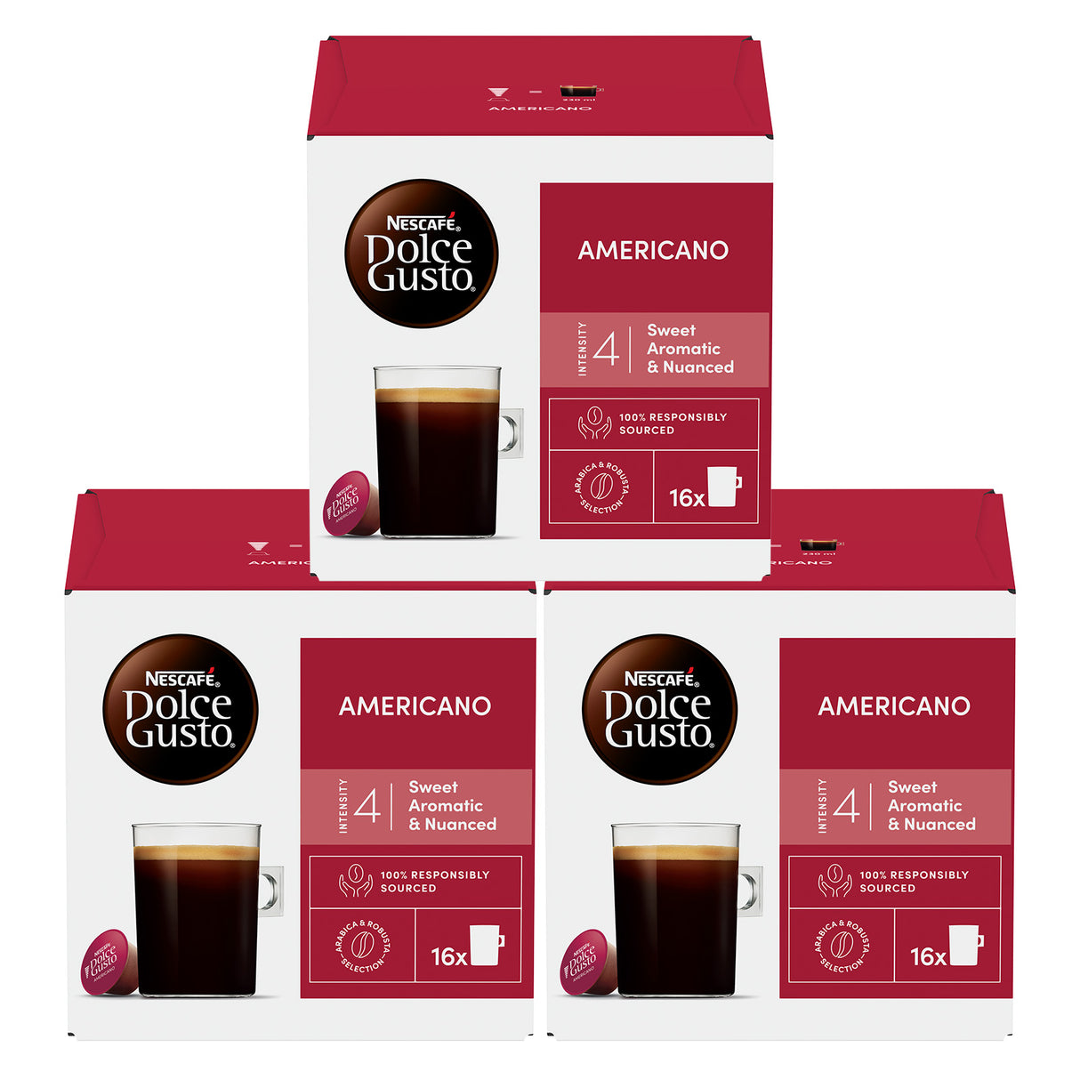 Three boxes of Nescafe Dolce Gusto Americano coffee pods on a white background
