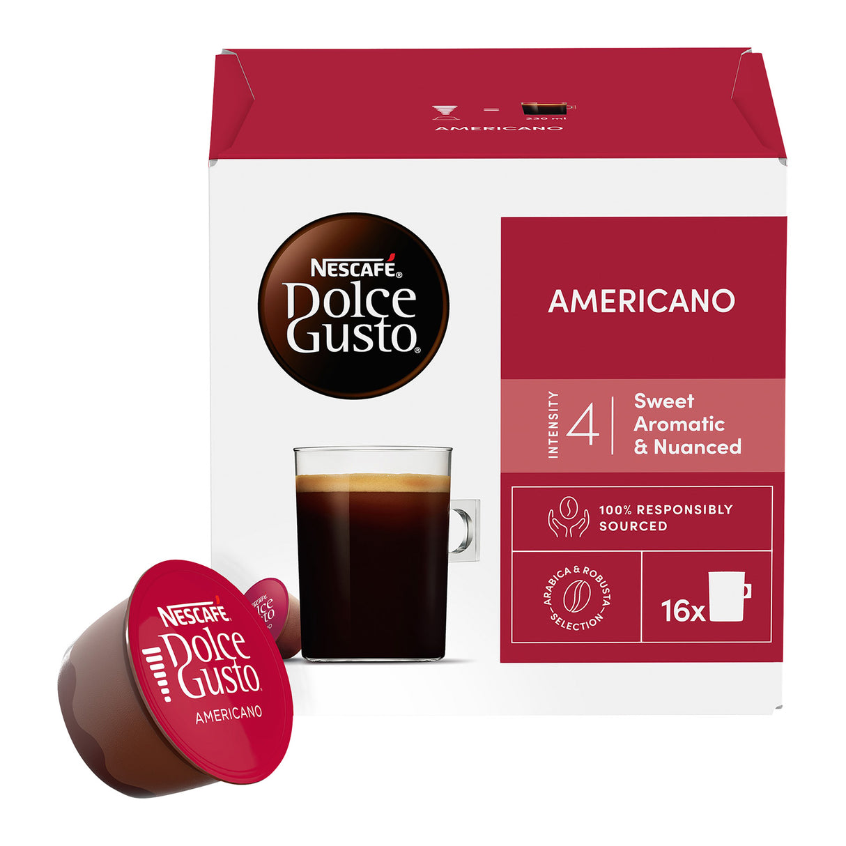 Nescafe Dolce Gusto Americano coffee capsule packaging on a white background
