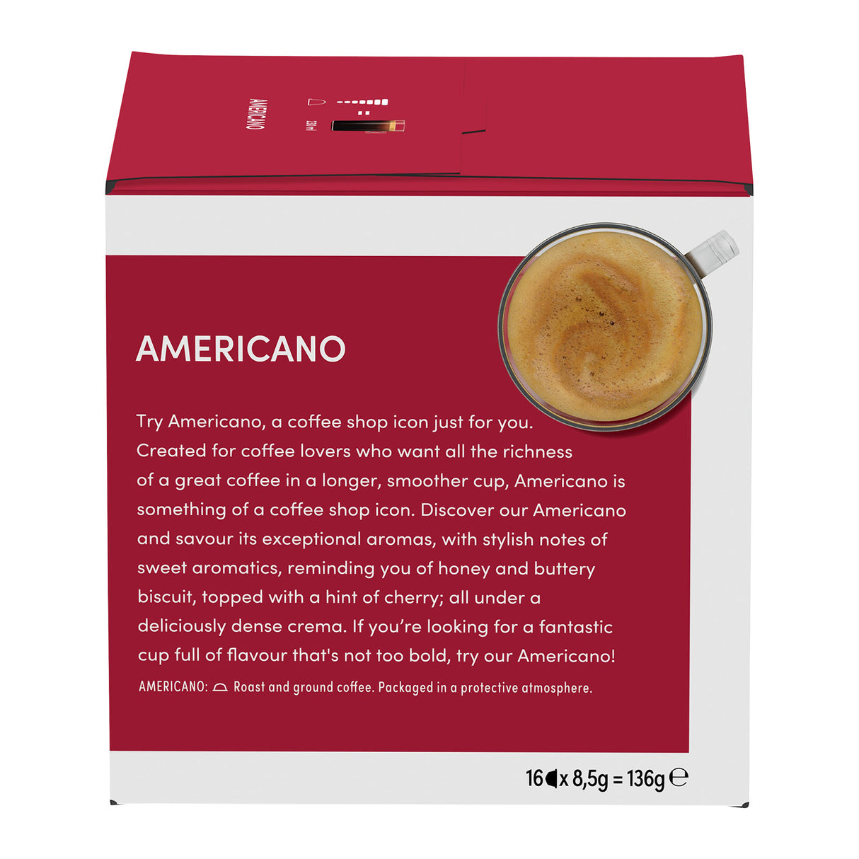 Red and white packaging of Americano coffee with a coffee cup illustration on a white background