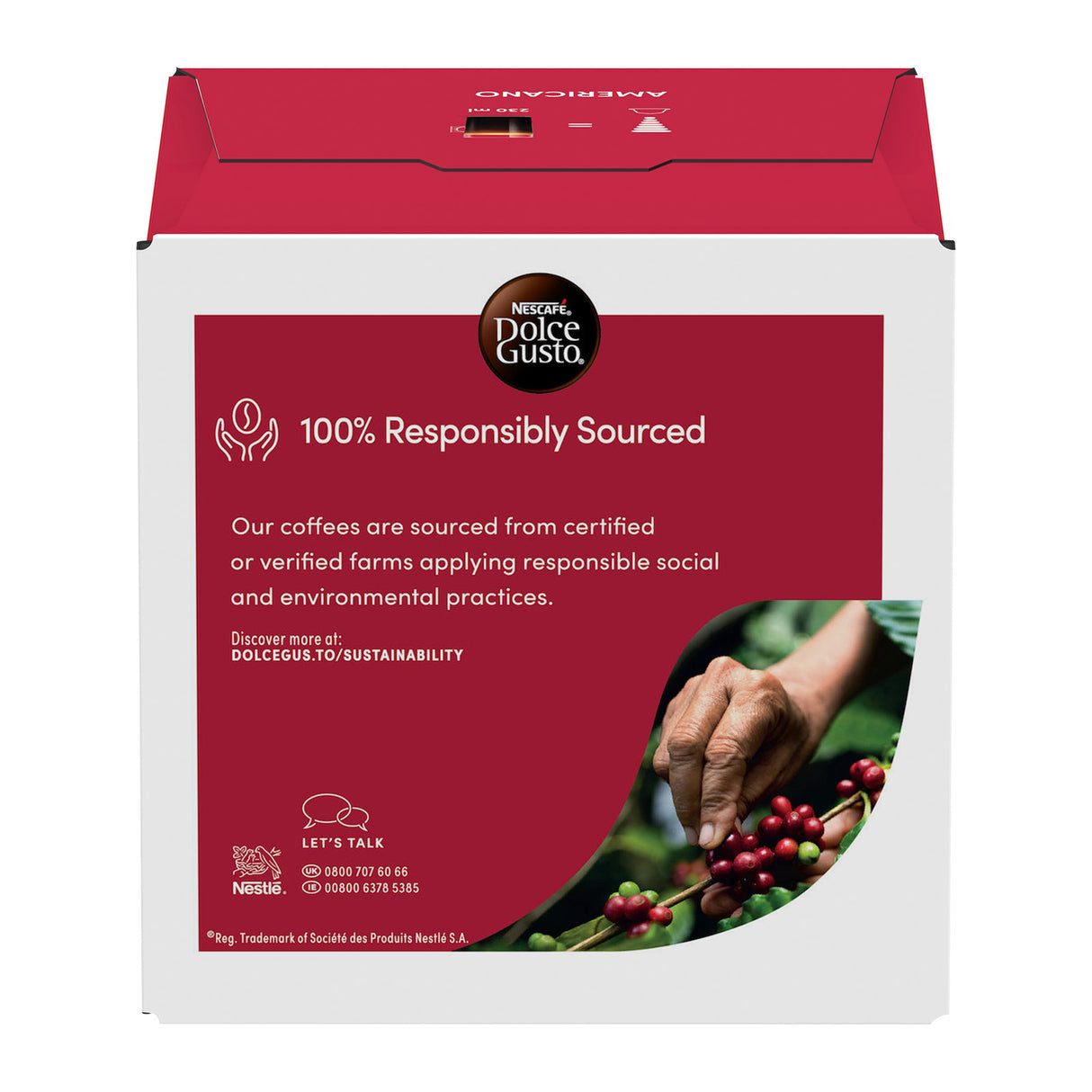 Dolce Gusto coffee pod packaging with a red and white design, featuring text about responsibly sourced coffee.