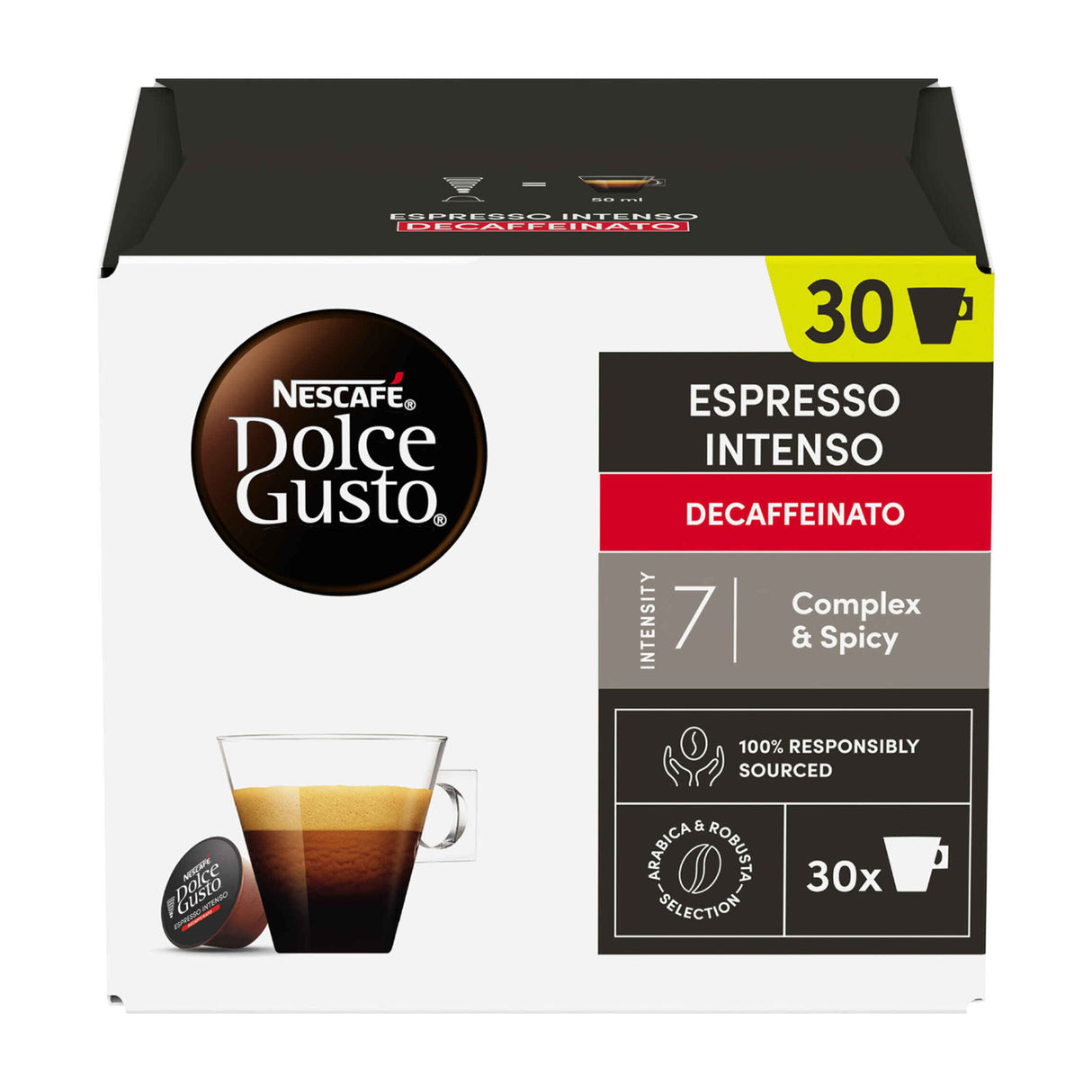 Nescafe Dolce Gusto Espresso Intenso Decaffeinato coffee capsule box on a white background