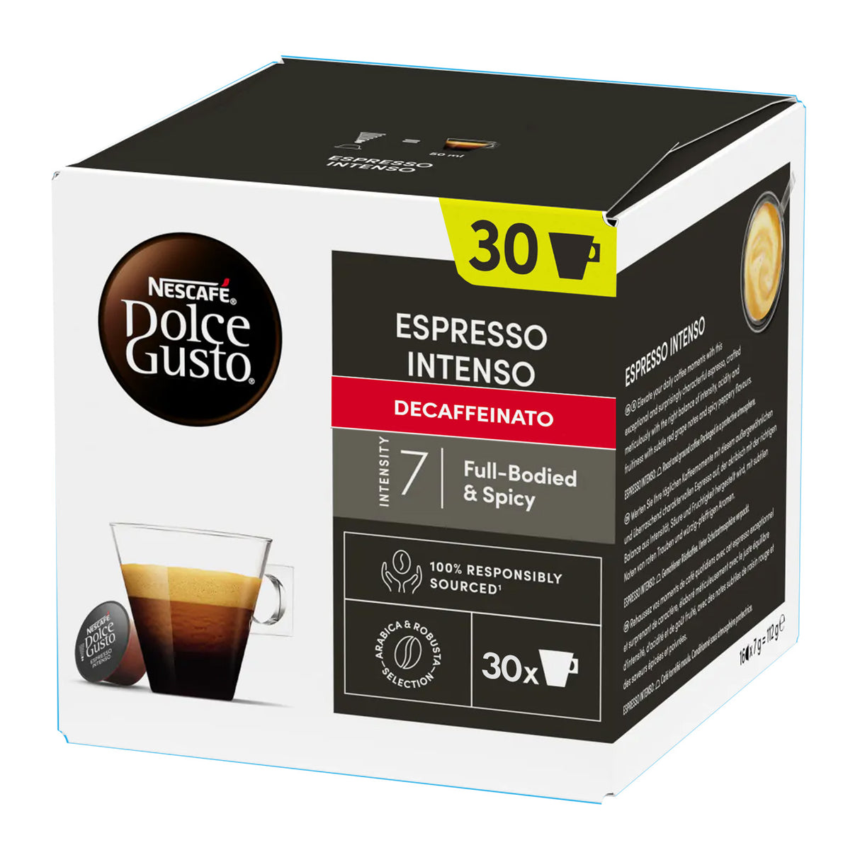 Nescafe Dolce Gusto Espresso Intenso Decaffeinato coffee capsule box on a white background