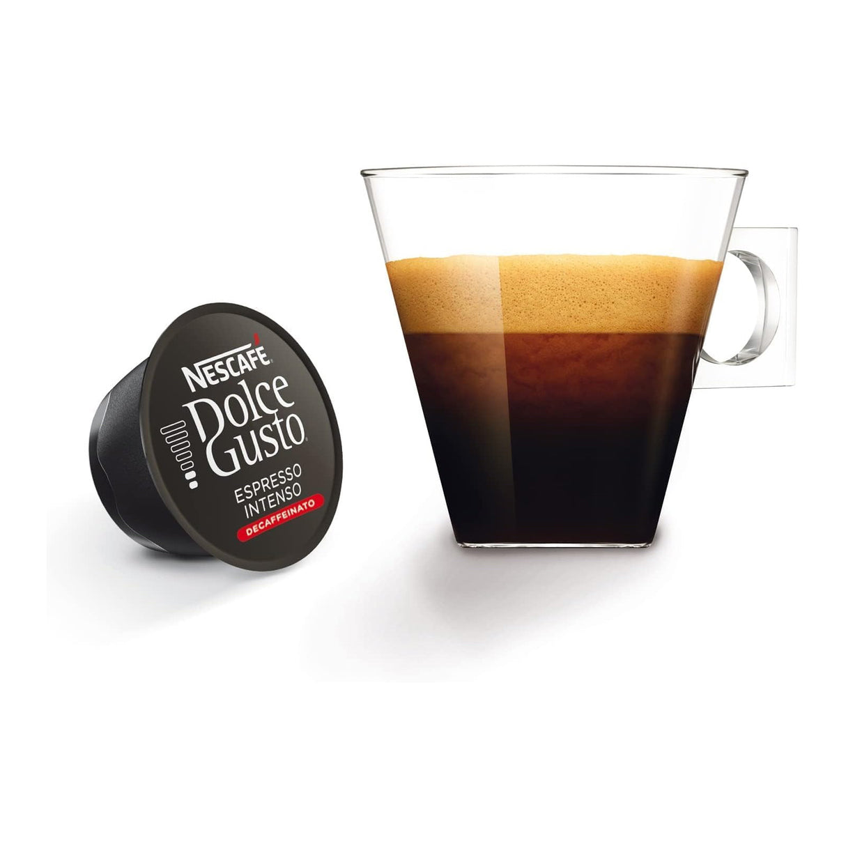Nescafe Dolce Gusto coffee capsule next to a glass of coffee on a white background