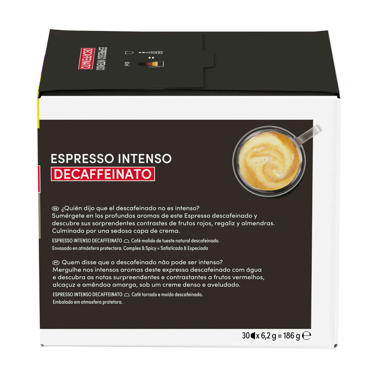 Decaffeinated espresso packaging with text and coffee image on a white background