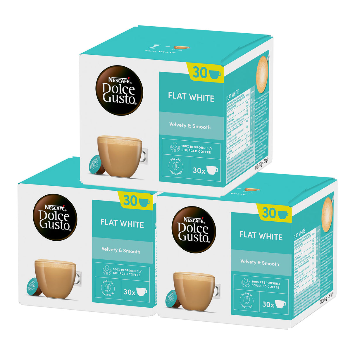 Three boxes of Nestle Dolce Gusto Flat White coffee pods on a white background