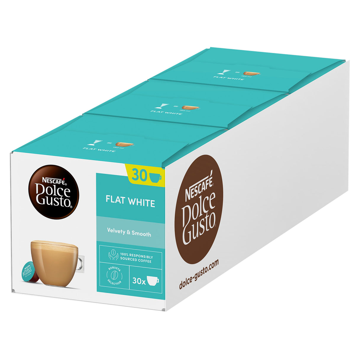 Box of Nescafe Dolce Gusto Flat White coffee capsules on a white background
