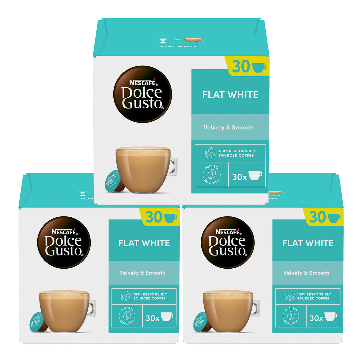 Three boxes of Nescafe Dolce Gusto Flat White coffee pods on a white background