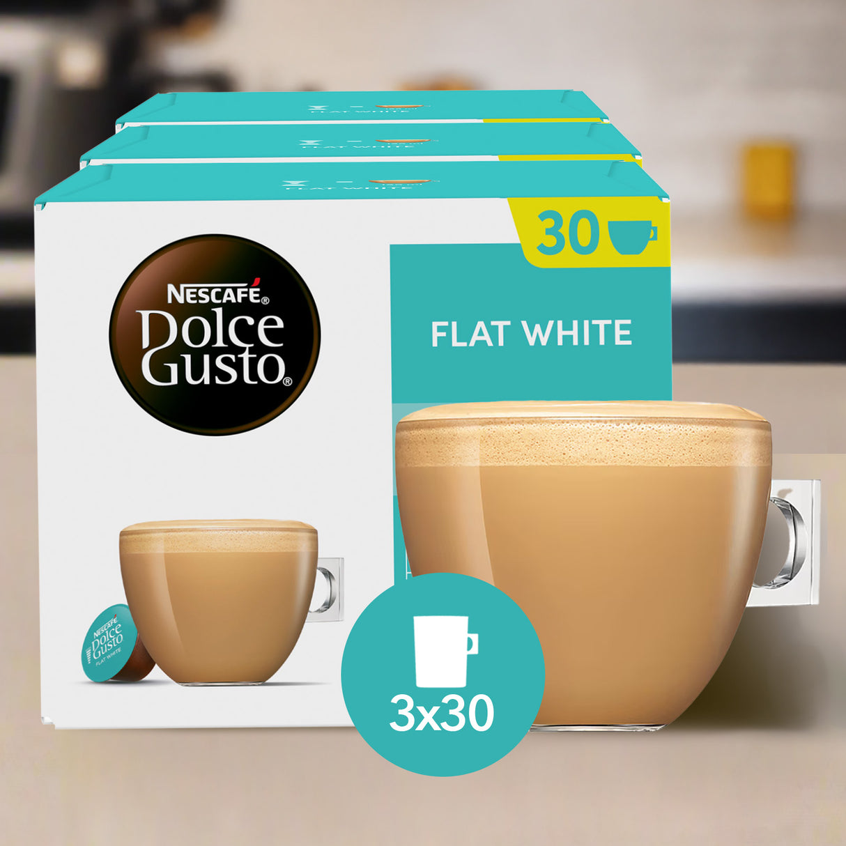 Nescafe Dolce Gusto Flat White Magnum pack on a kitchen counter.