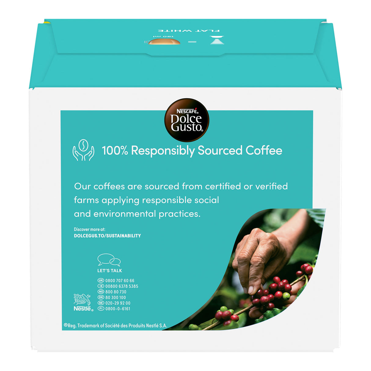 Nescafe Dolce Gusto coffee pod box with responsible sourcing information