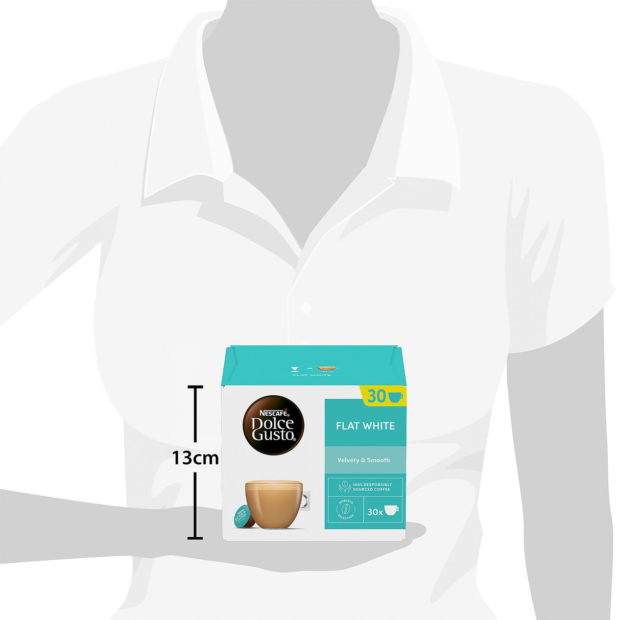 Nescafe Dolce Gusto Flat White coffee pod package on a mannequin