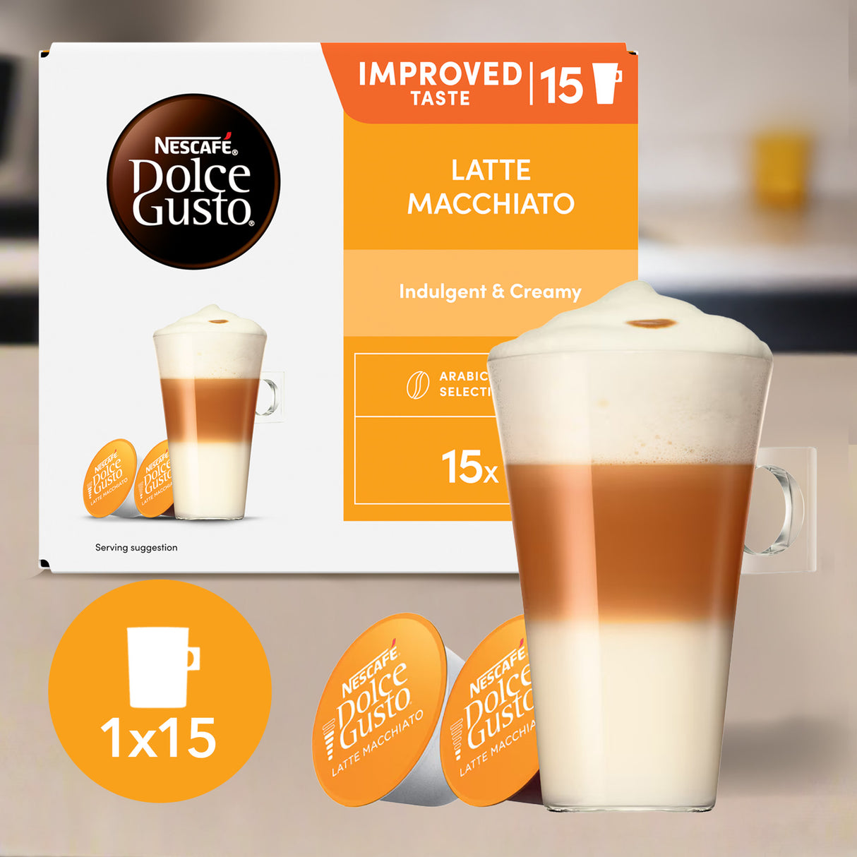 Nescafe Dolce Gusto Latte Macchiato coffee pod box with a glass of coffee.