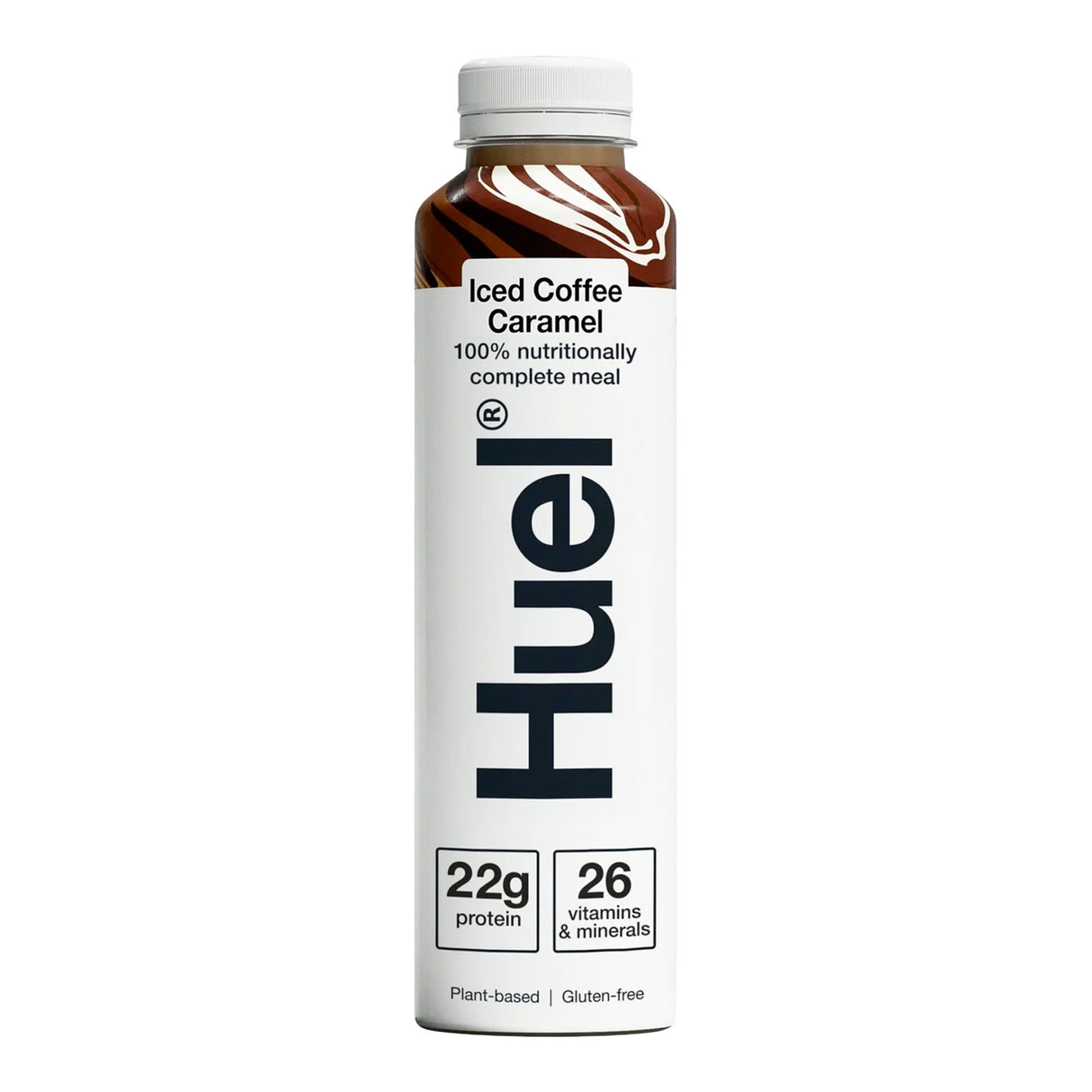 Huel iced coffee caramel meal replacement shake bottle on a white background