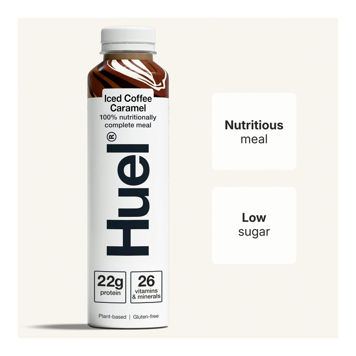Huel iced coffee caramel meal replacement shake bottle on a white background