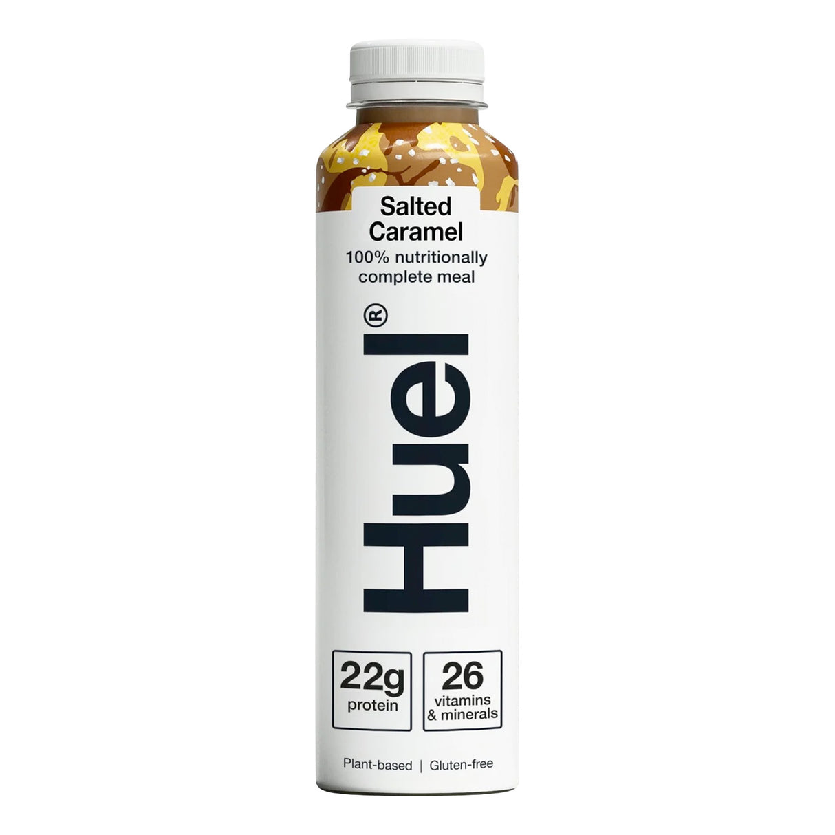 Huel Salted Caramel meal replacement shake bottle on a white background