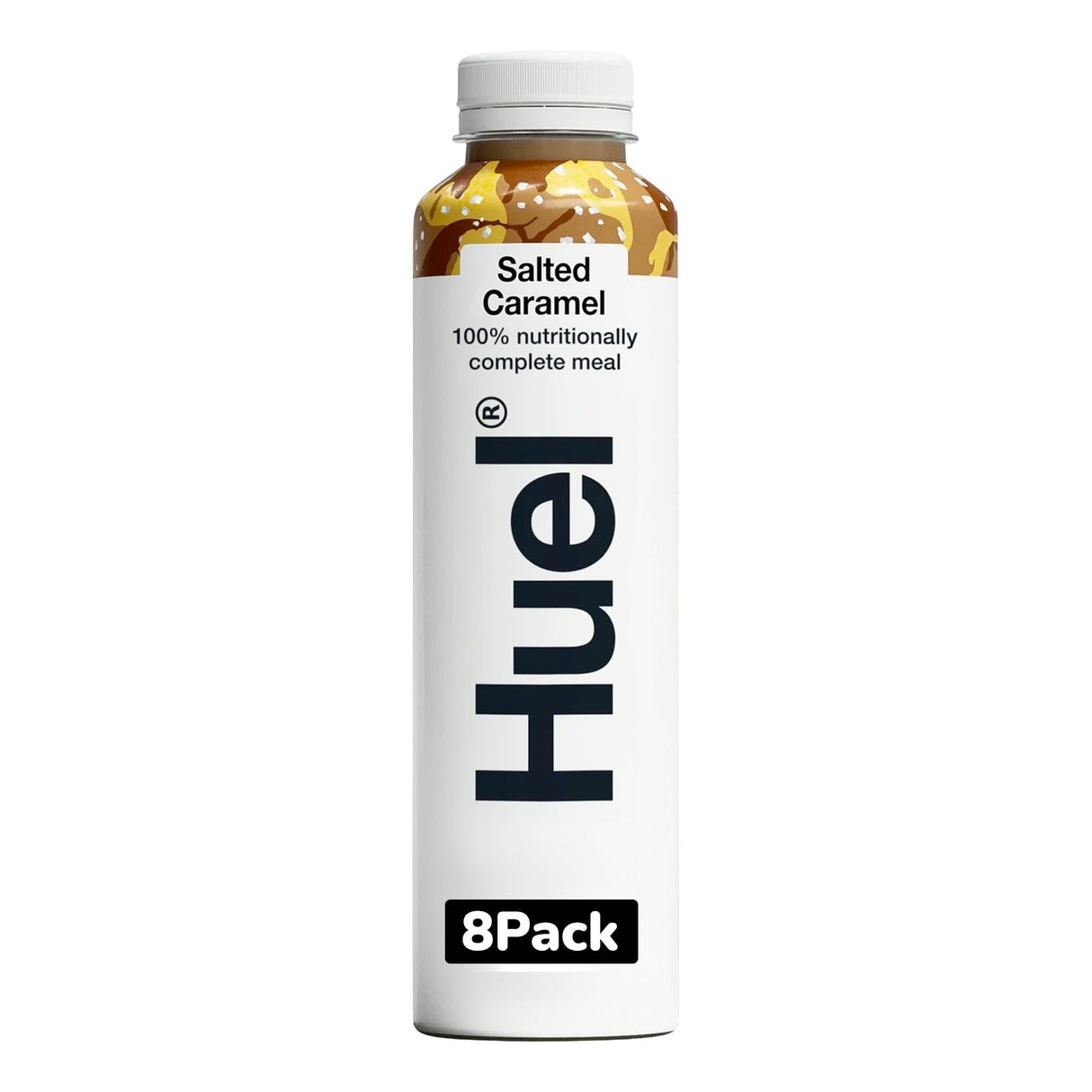 Huel Salted Caramel meal replacement shake container on a white background
