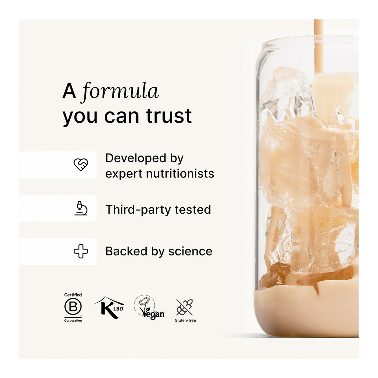Glass of Huel Vanilla with text about trustworthiness, developed by experts, third-party tested, and backed by science.