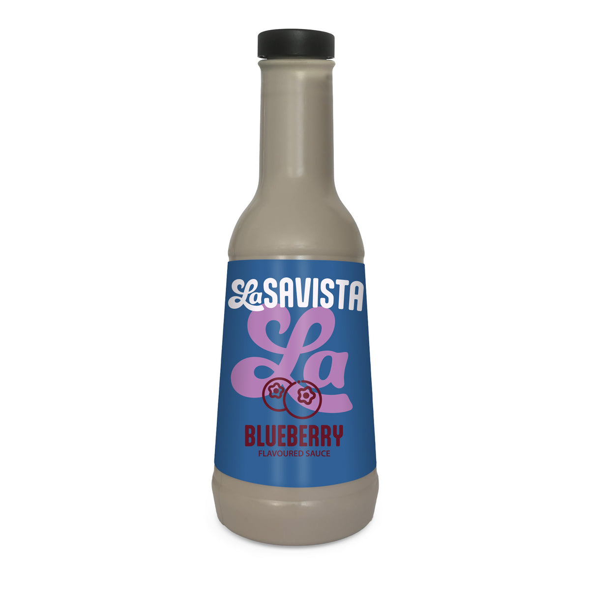 A bottle of LaSavista Blueberry Flavoured Sauce on a plain white background. The bottle is a frosted light gray plastic with a black cap and a blue label featuring pink and white text.