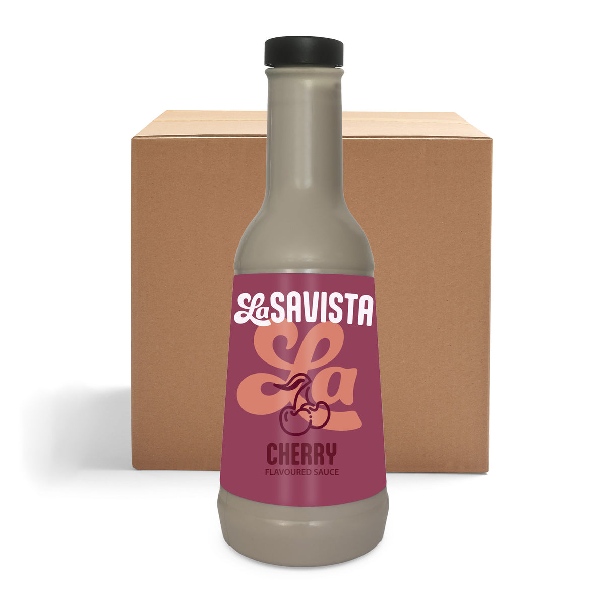 A bottle of LaSavista La Cherry Flavoured Sauce in the foreground, with its brown cardboard box behind it on a white background.