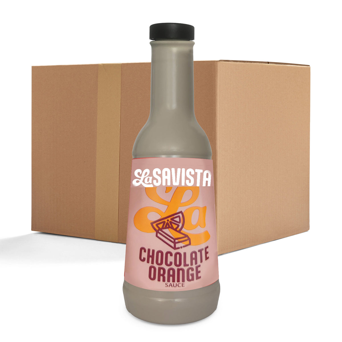 A bottle of La Savista Chocolate Orange syrup positioned in front of a brown cardboard shipping box on a white background.