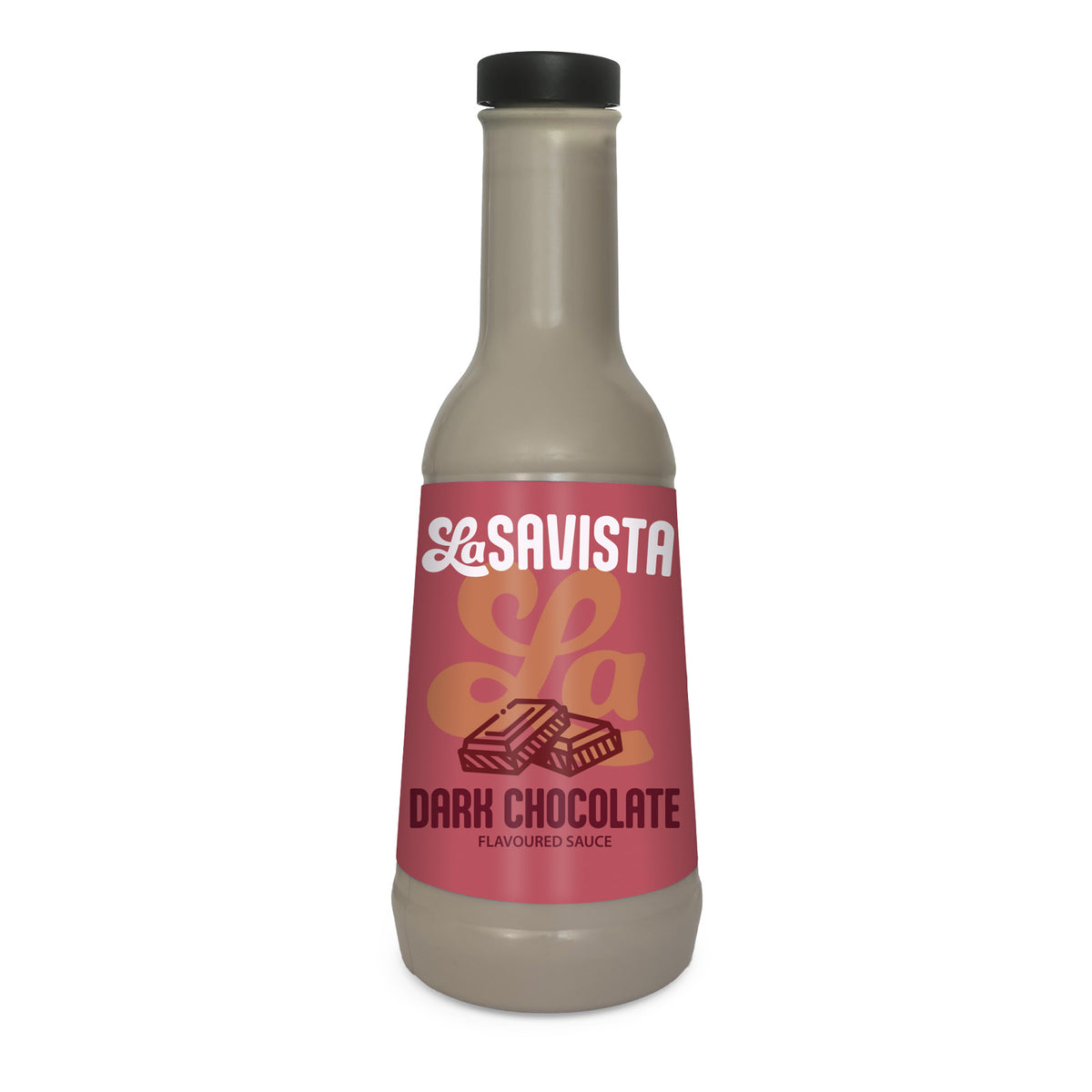 A bottle of LaSavista Dark Chocolate Flavoured Sauce with a pink label and black cap, shown on a plain white background.