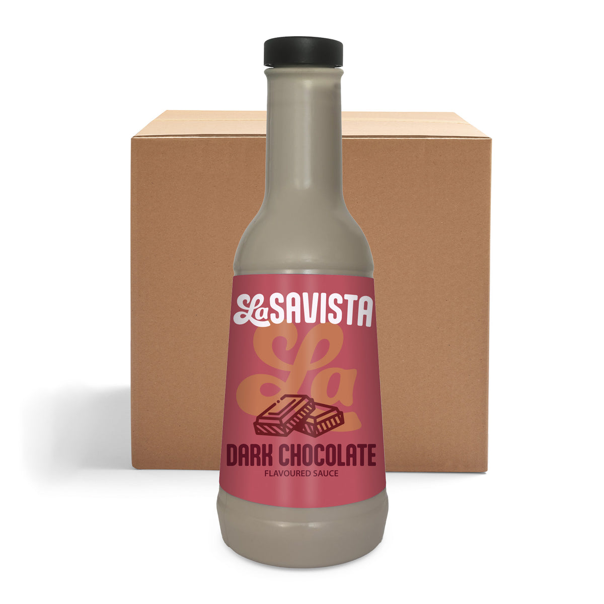A bottle of LaSavista Dark Chocolate Flavoured Sauce in front of its brown cardboard packaging box, set against a plain white background.