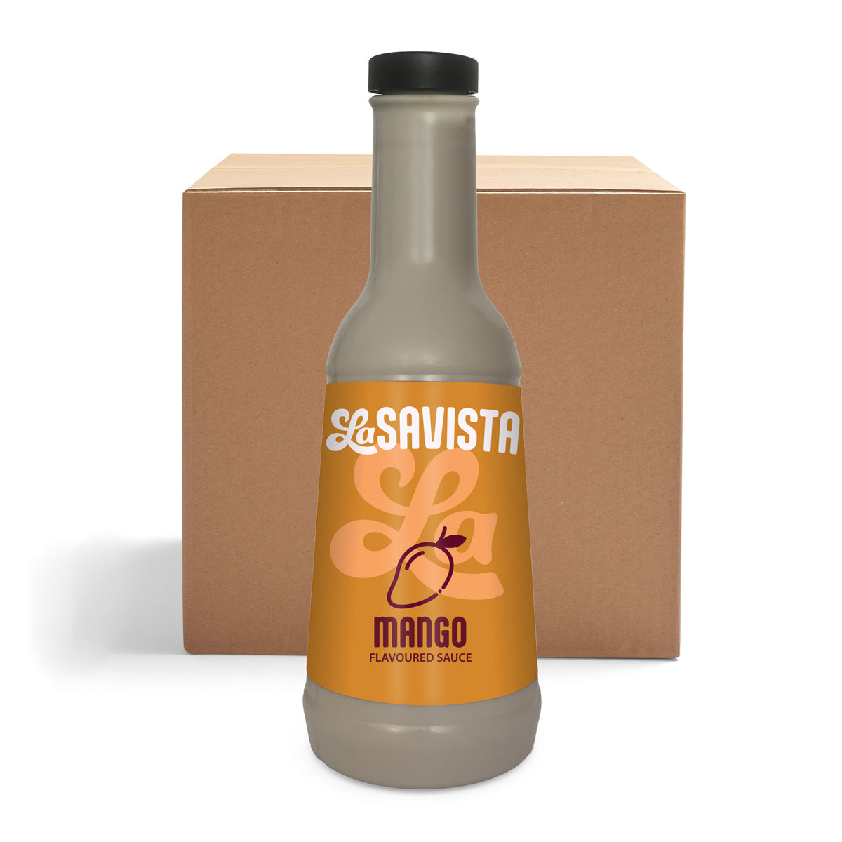 A bottle of LaSavista Mango Flavoured Sauce in the foreground, with its brown cardboard box behind it on a white background.