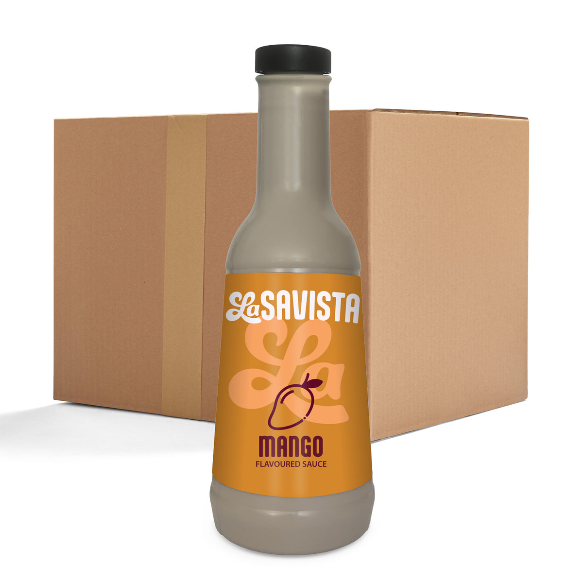 A bottle of LaSavista Mango Flavoured Sauce in the foreground with its cardboard shipping box behind it on a white background.