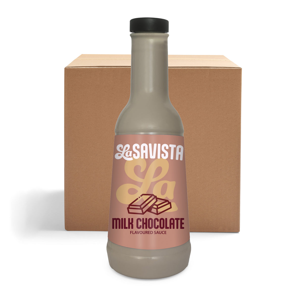 A bottle of LaSavista Milk Chocolate Flavoured Sauce in front of a brown cardboard box, set against a plain white background.