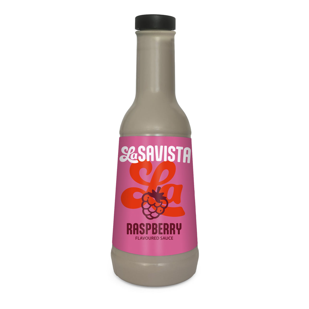 A bottle of LaSavista Raspberry Flavoured Sauce on a plain white background. The bottle is filled with a light greyish-brown sauce, has a black cap, and features a bright pink label with orange and white branding.