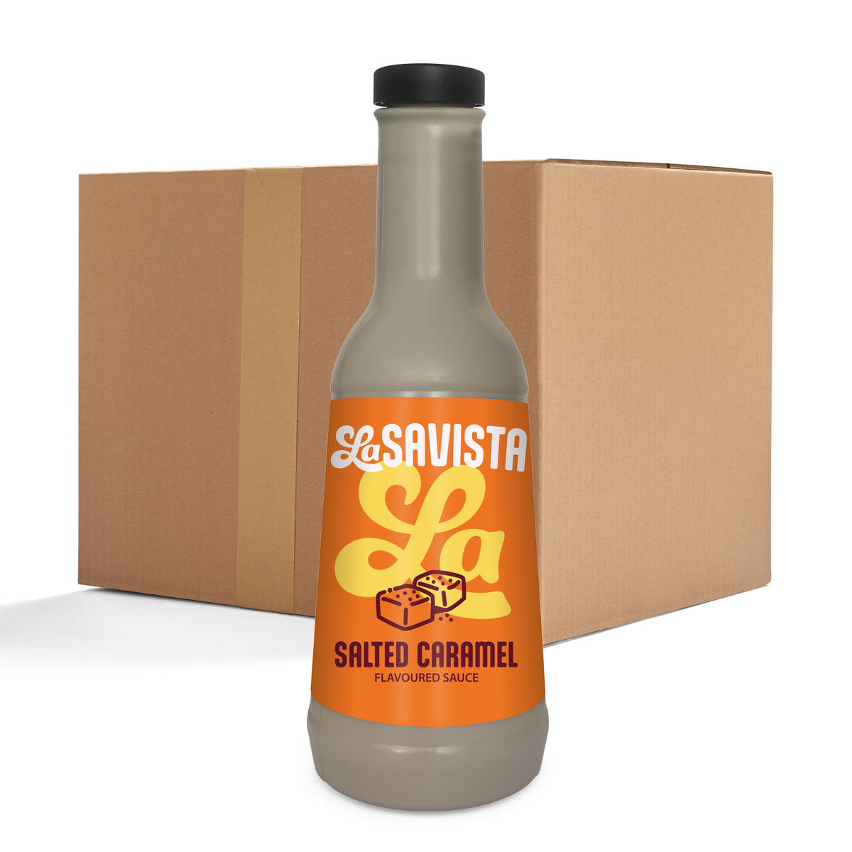 A bottle of La Savista Salted Caramel Flavoured Sauce in the foreground, with a large brown cardboard shipping box behind it on a white background.