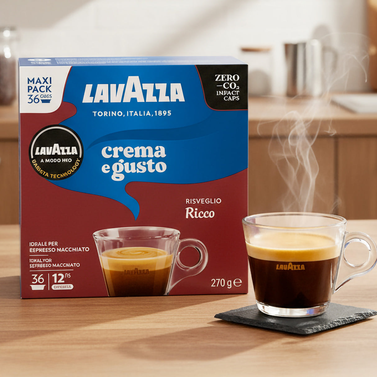 Lavazza coffee packaging with a steaming cup of coffee on a wooden surface.
