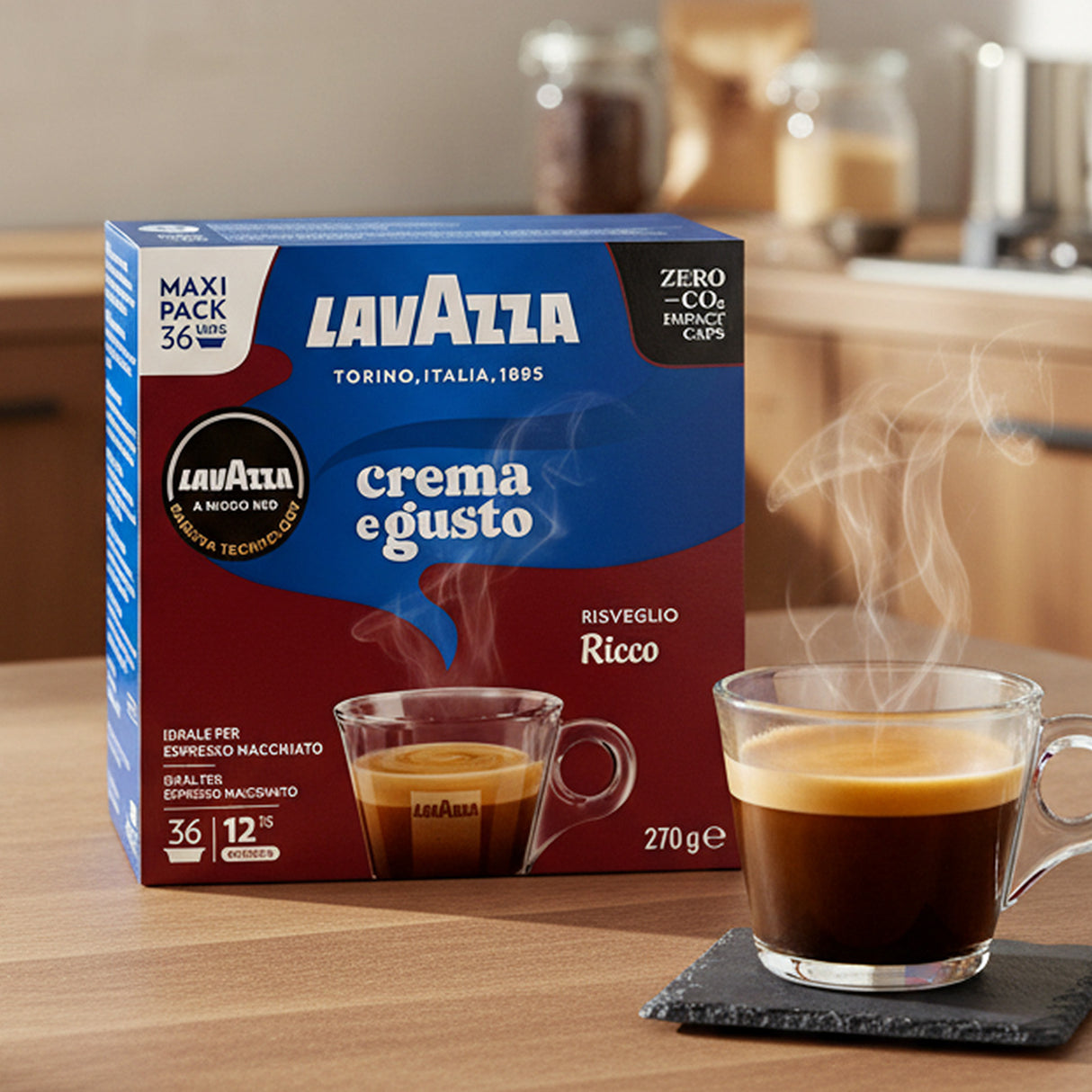 Lavazza Crema e Gusto coffee packaging with a steaming cup of coffee on a wooden surface.