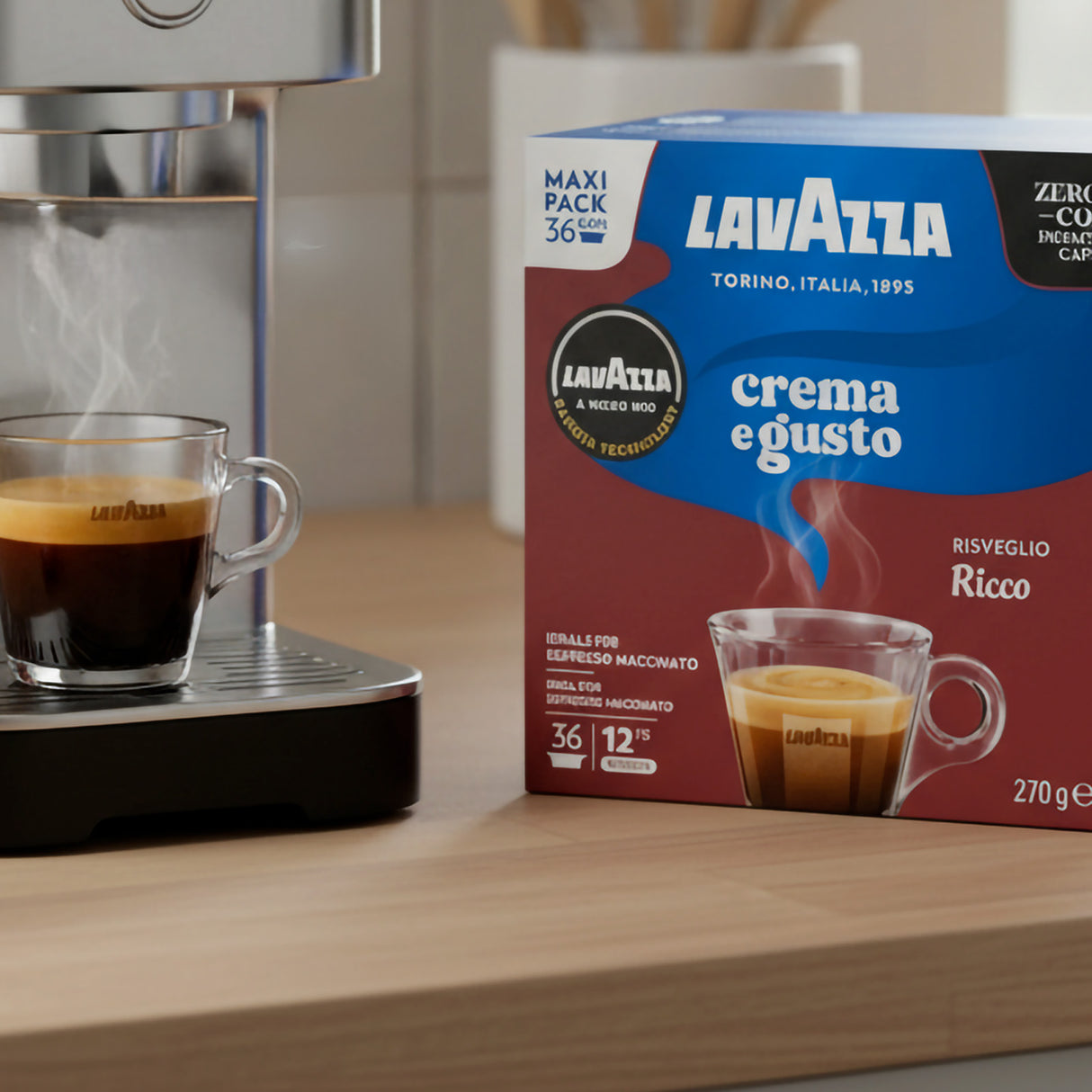 Lavazza crema e gusto ricco with an cup on a wooden surface
