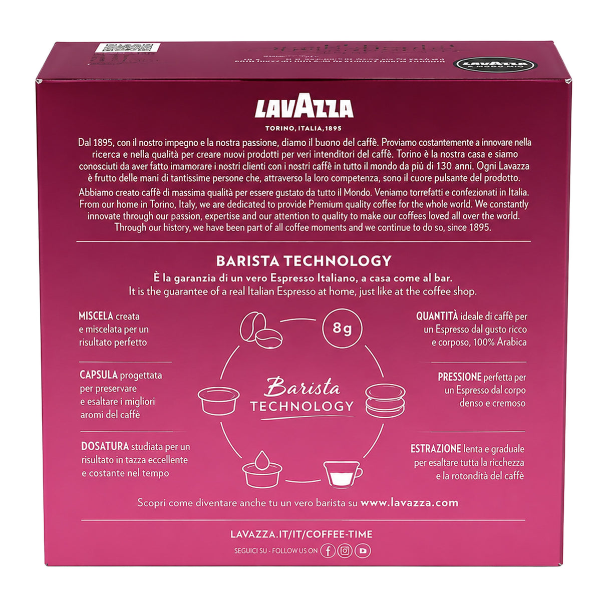 The back of a Lavazza Barista Technology coffee capsule box, featuring detailed product information in Italian on a deep magenta background.