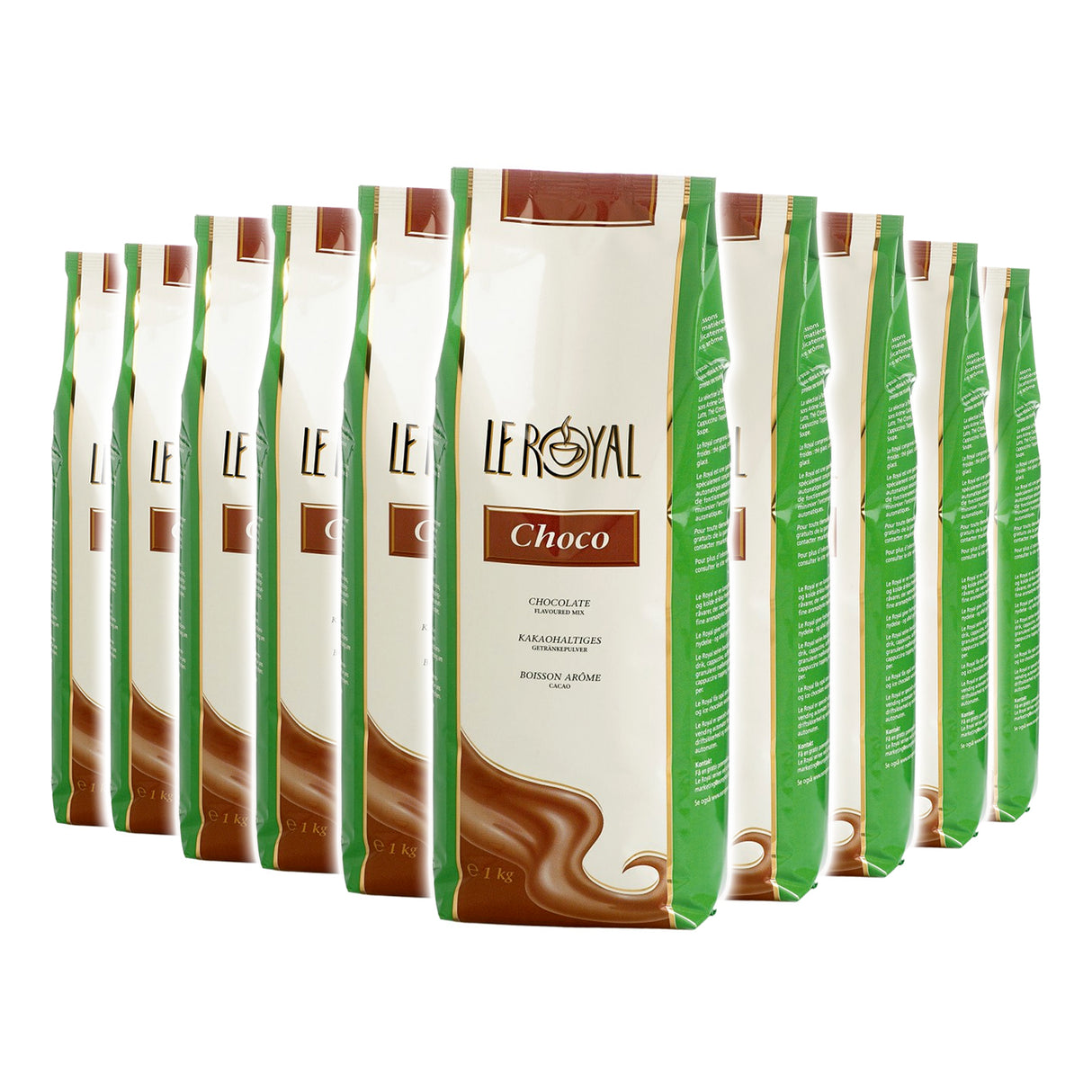 Multiple packages of Le Royal Choco chocolate on a white background