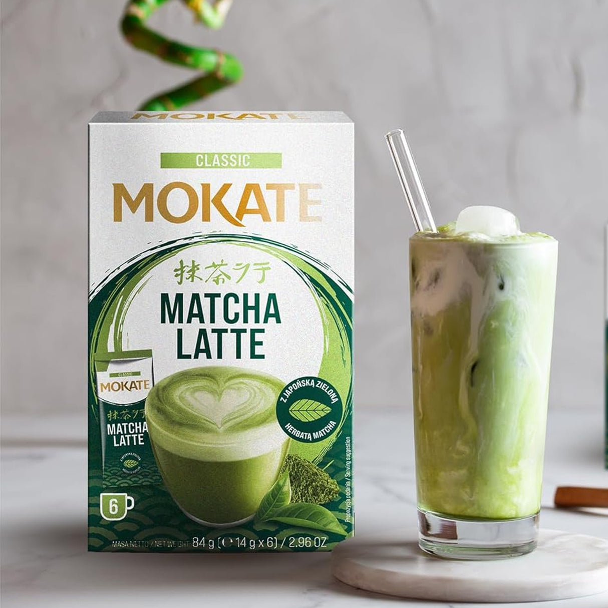 Mokate Matcha Latte Packts and drink