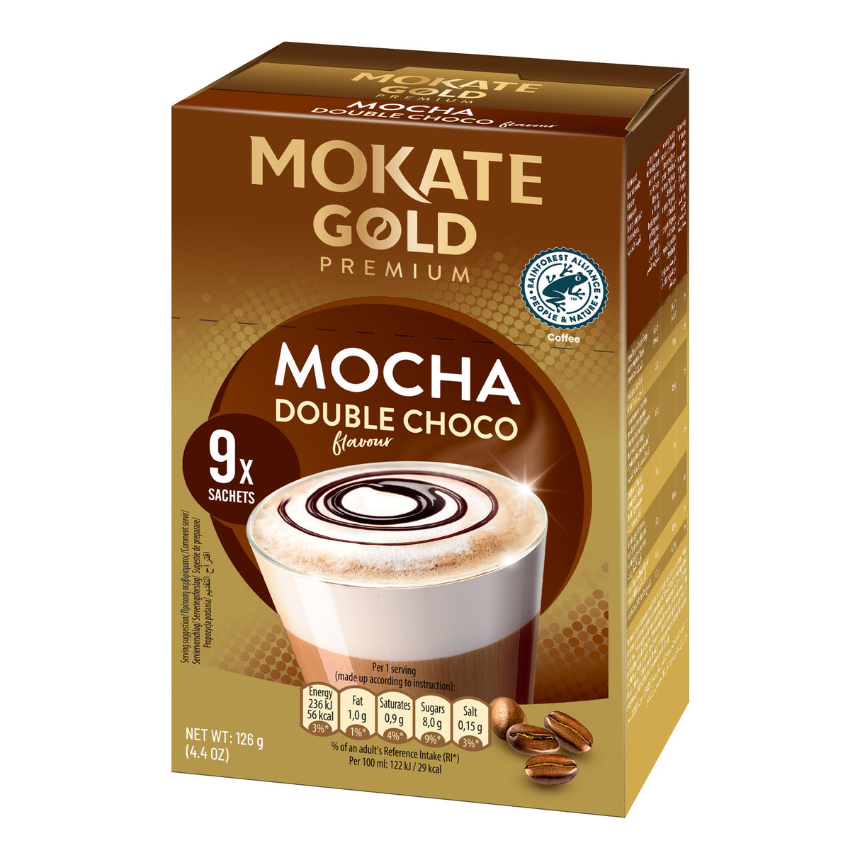 Mokate Gold Mocha Double Choco coffee packaging on a white background