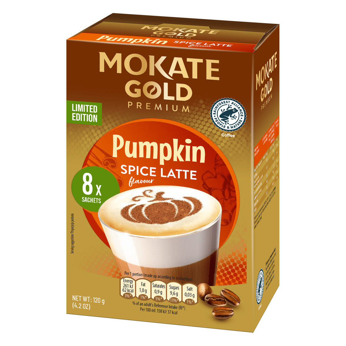 Mokate Gold Premium Pumpkin Spice Latte coffee sachet box, 8 x 120g, featuring a pumpkin latte graphic on a brown and gold package.
