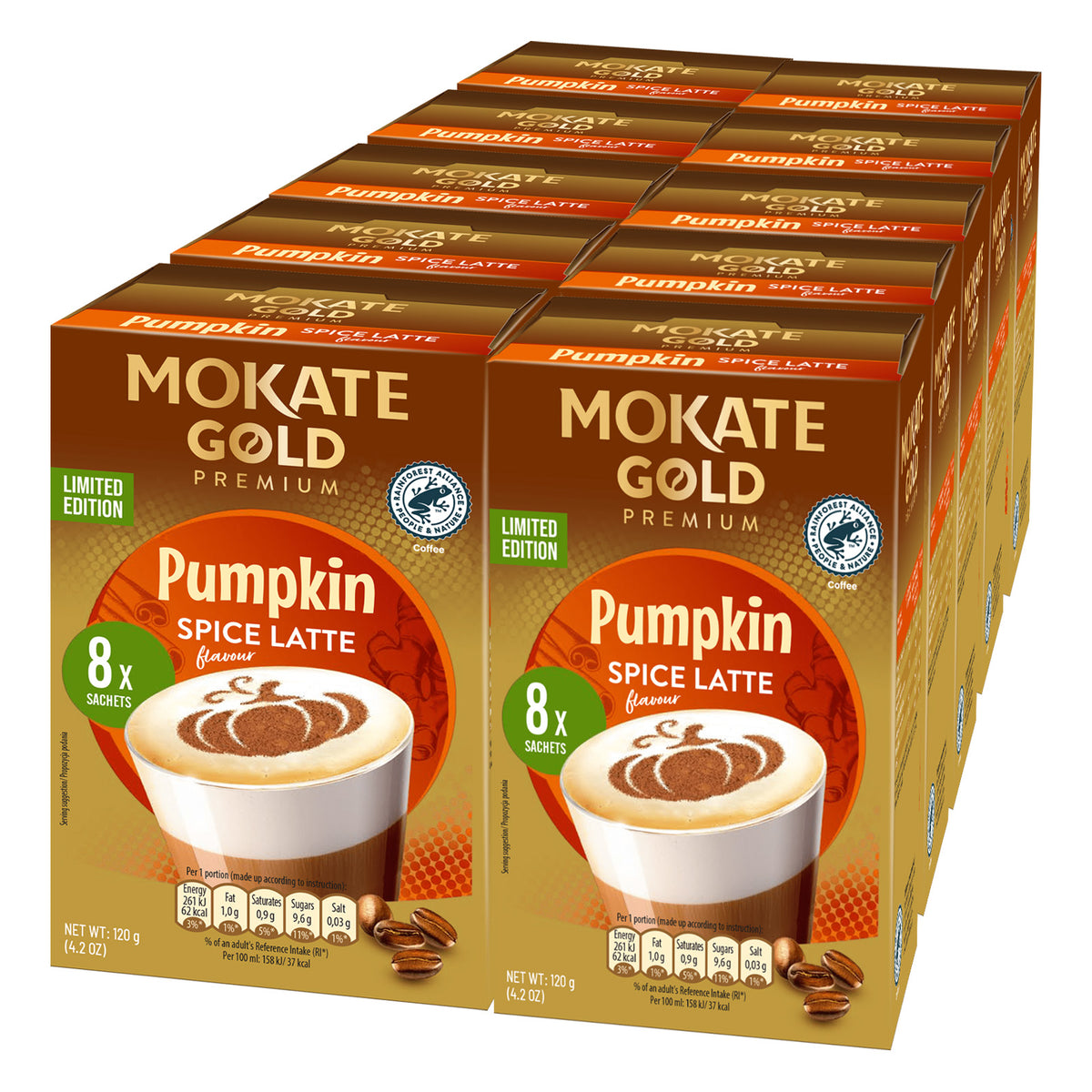 A bulk pack of eight boxes of Moka Gold Premium Pumpkin Spice Latte coffee, arranged in a 3D stack showing the front and side panels of the packaging.