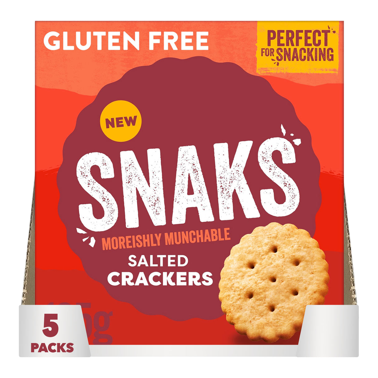 Packaging of gluten-free salted crackers with a red background and a cracker image.