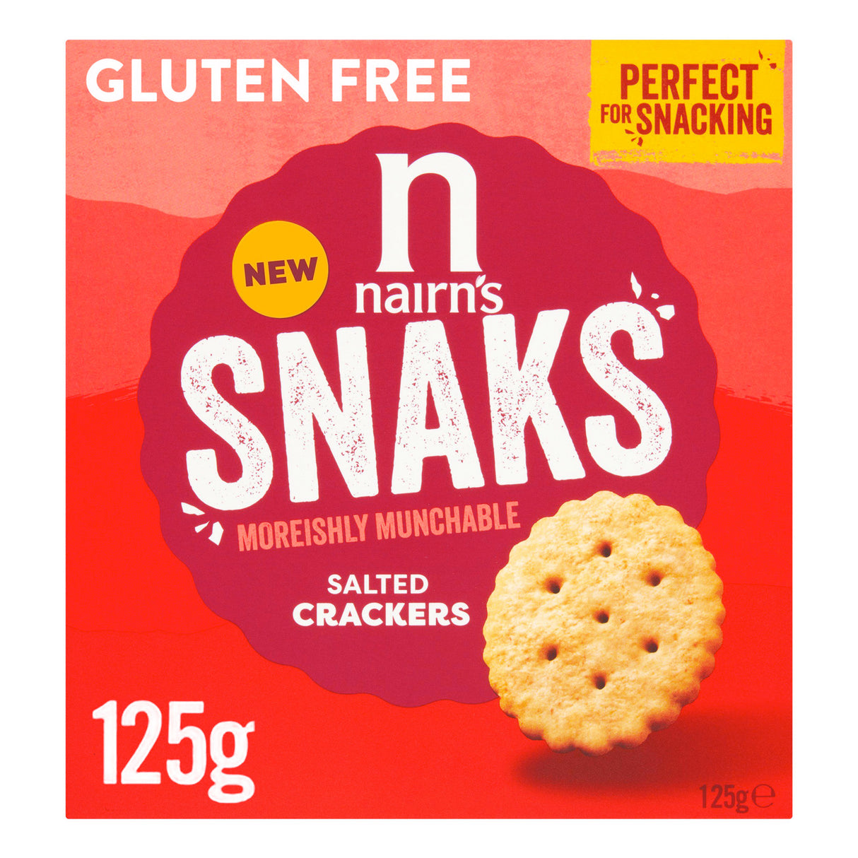 Nairn's Snacks salted crackers packaging on a red background